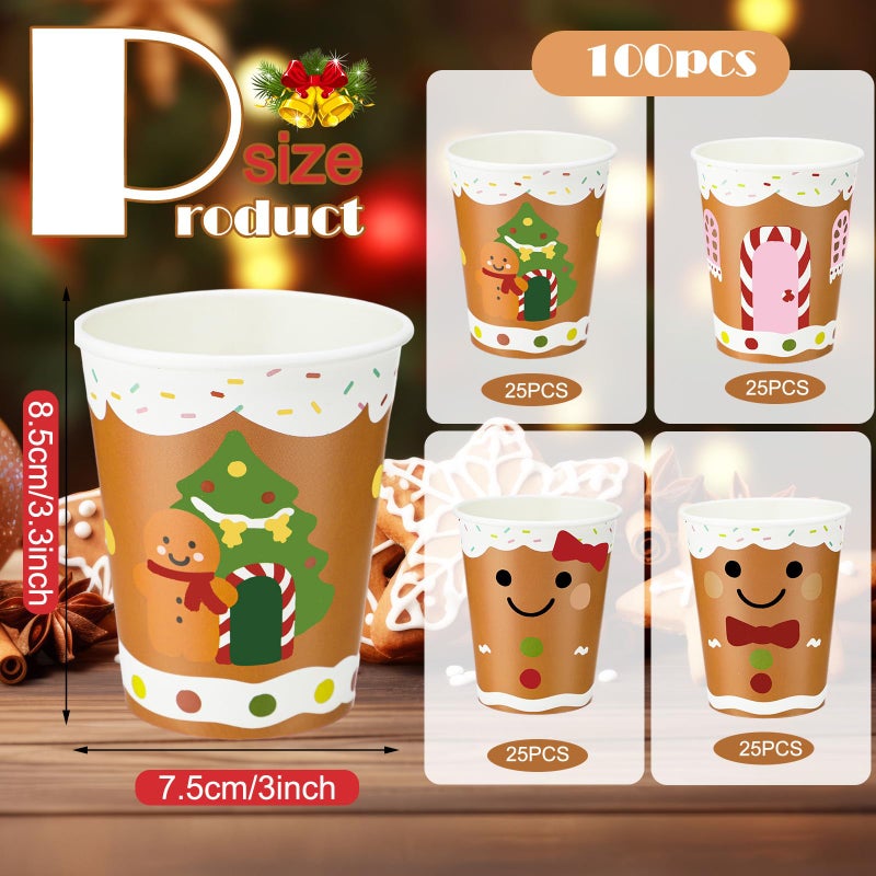 Funtery 100 Pieces Christmas Gingerbread Paper Cups Hot Chocolate Cups Xmas Disposable Coffee Cup Gingerbread Man Christmas Tree Candy Xmas 9 Ounce Drinking Tea Paper for Daily Use Holiday - Image 3